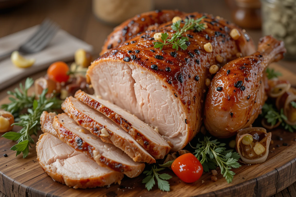 Smoked turkey breast with garnishes on a wooden platter