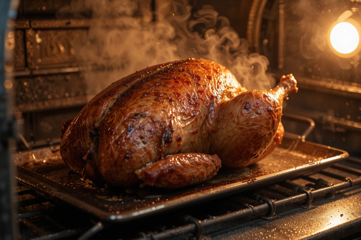 Reheating smoked turkey breast in an oven with steam rising