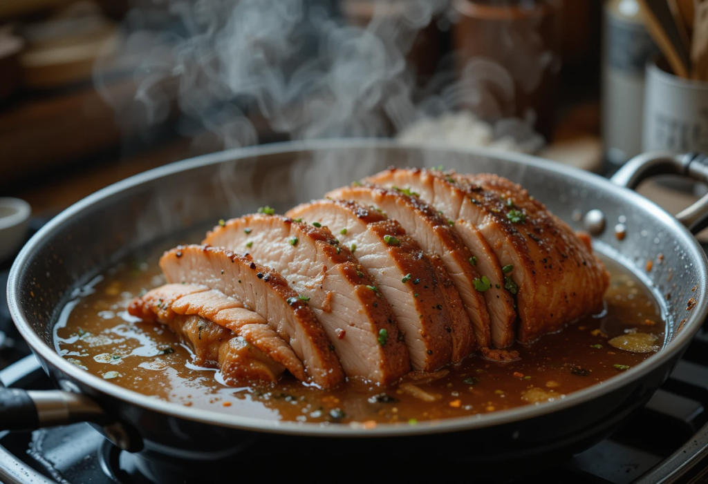 Sliced smoked turkey breast reheating on a stovetop