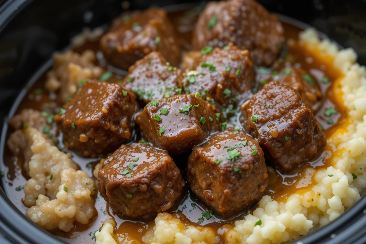 Crock pot cube steak with rich brown gravy, mashed potatoes, and fresh herbs