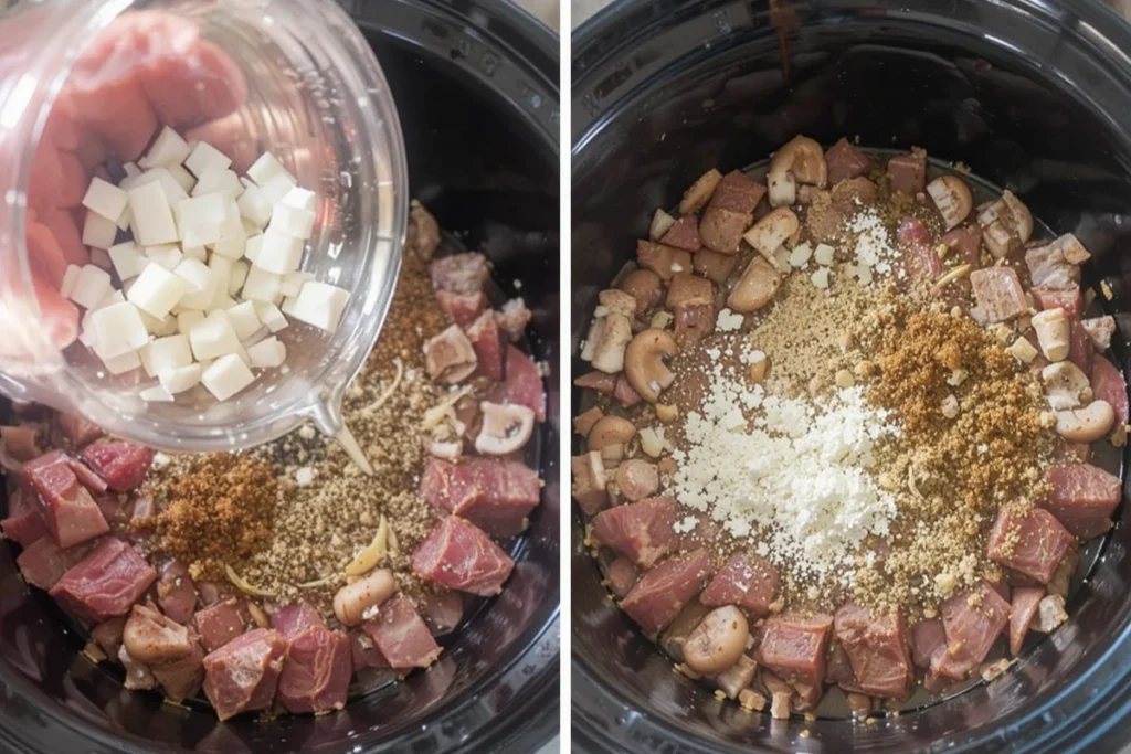 Preparing cube steak with seasonings, mushrooms, and onions for crock pot cooking