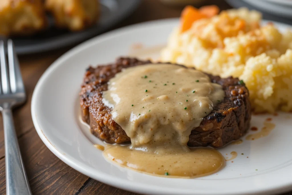 Plated cube steak with gravy, mashed potatoes, and roasted carrots on a dining table