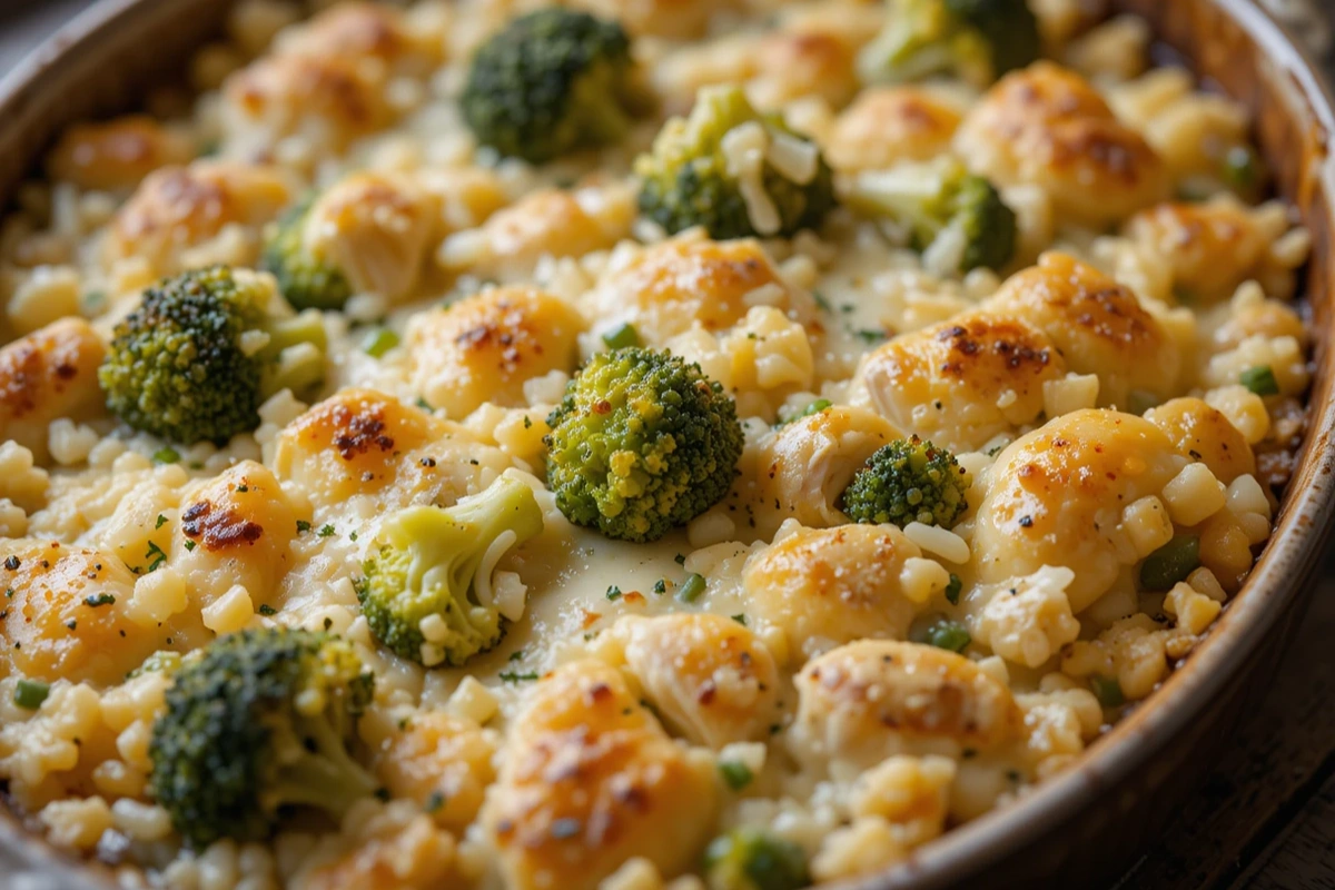 Chicken Broccoli Rice Casserole in a Baking Dish