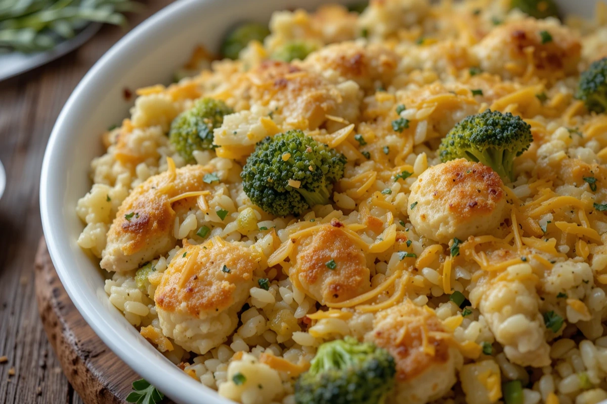 Baked Chicken Broccoli Rice Casserole with Cheese Topping