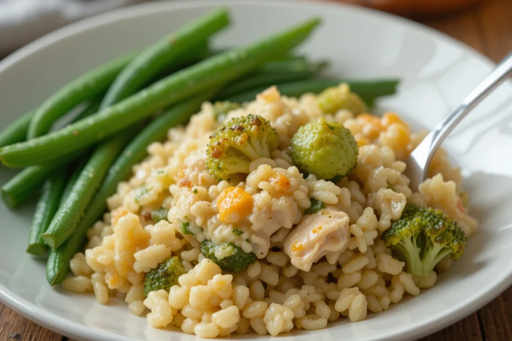 Serving of Chicken Broccoli Rice Casserole with Green Beans