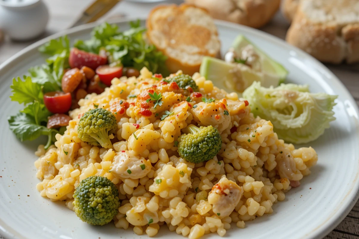 Chicken Broccoli Rice Casserole with Salad and Garlic Bread