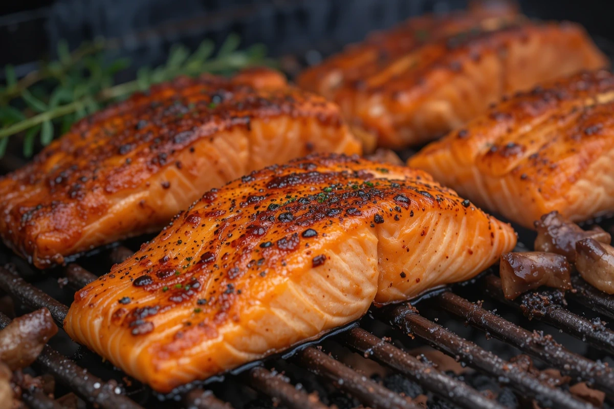 Smoked salmon fillets cooked on a pillet