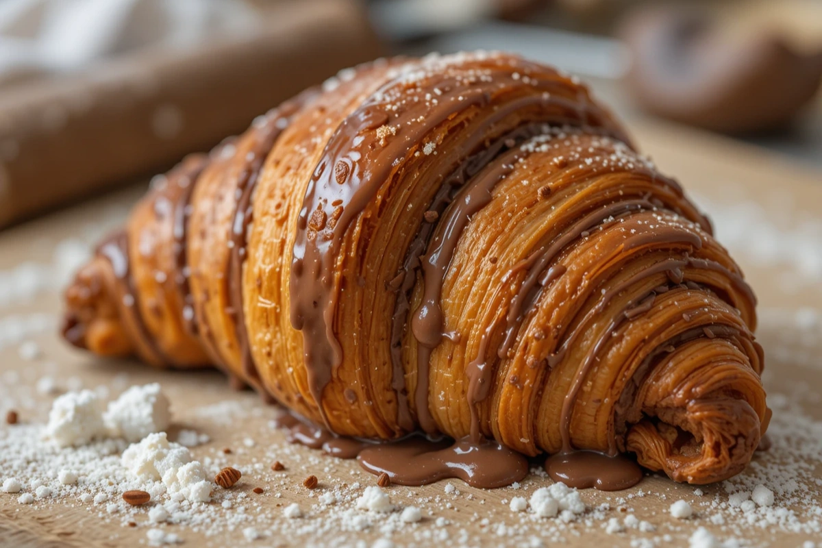 Perfectly golden chocolate croissant with baking tools