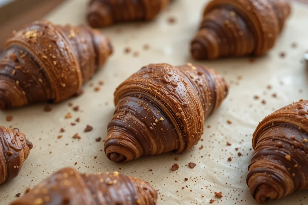 Unbaked chocolate croissants on a parchment-lined tray