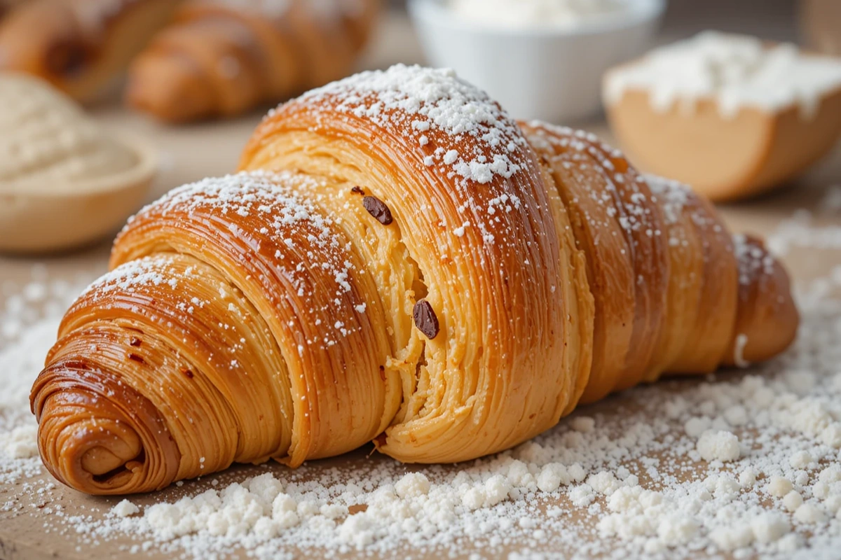 Freshly baked chocolate croissant on a rustic wooden table