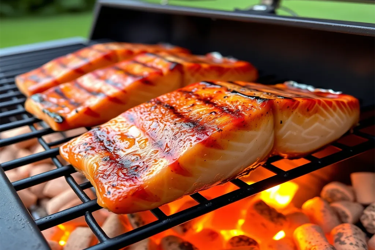 A close-up of perfectly smoked salmon fillets on a pellet grill, with visible smoke swirling around, glowing coals underneath, and wood pellets in the background. The salmon is golden-brown, glistening with moisture, with grill marks on the skin and an outdoor setting with greenery in the background