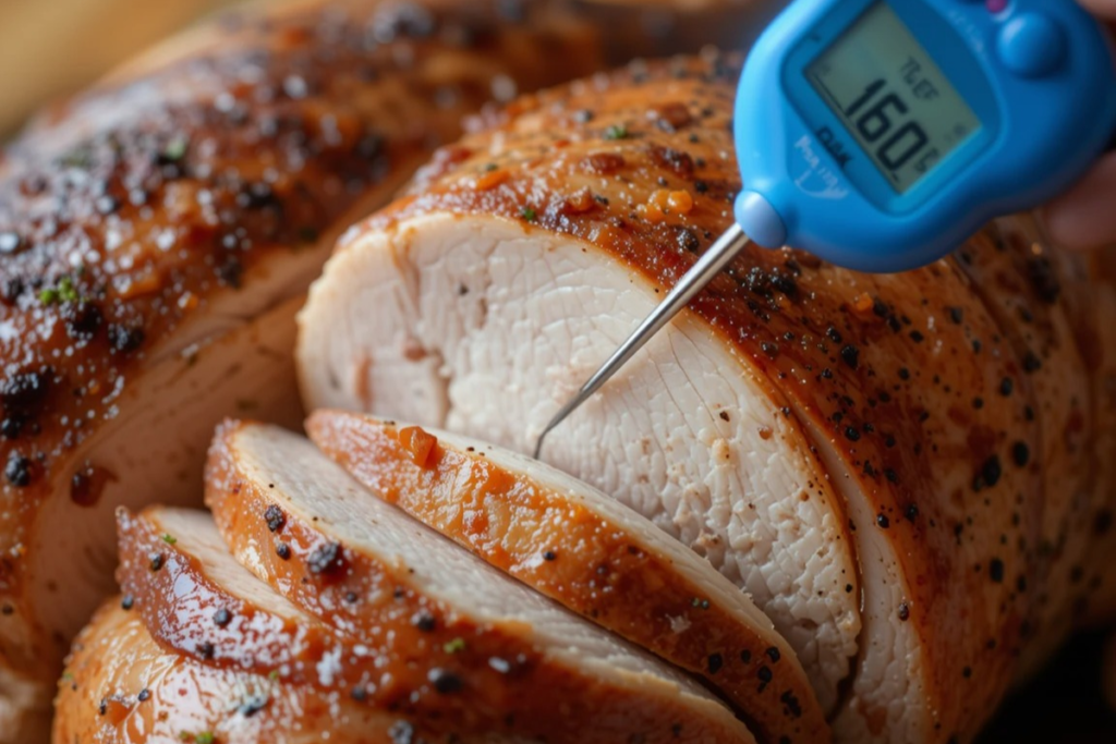 Thermometer inserted in turkey breast showing 160°F