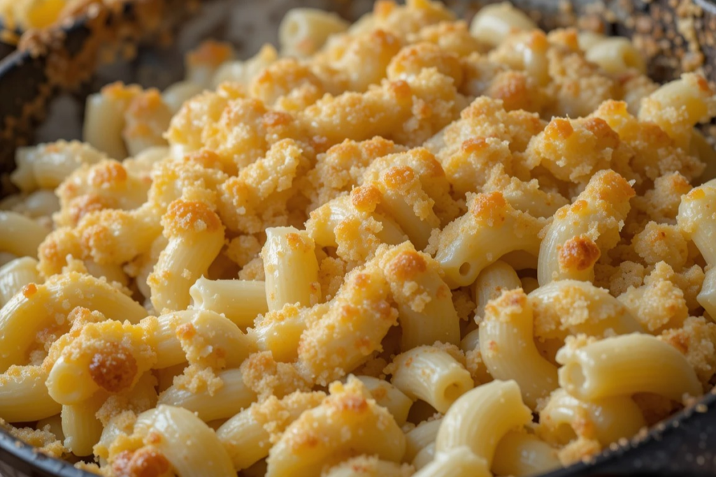 Close-up of creamy mac and cheese with a golden crust