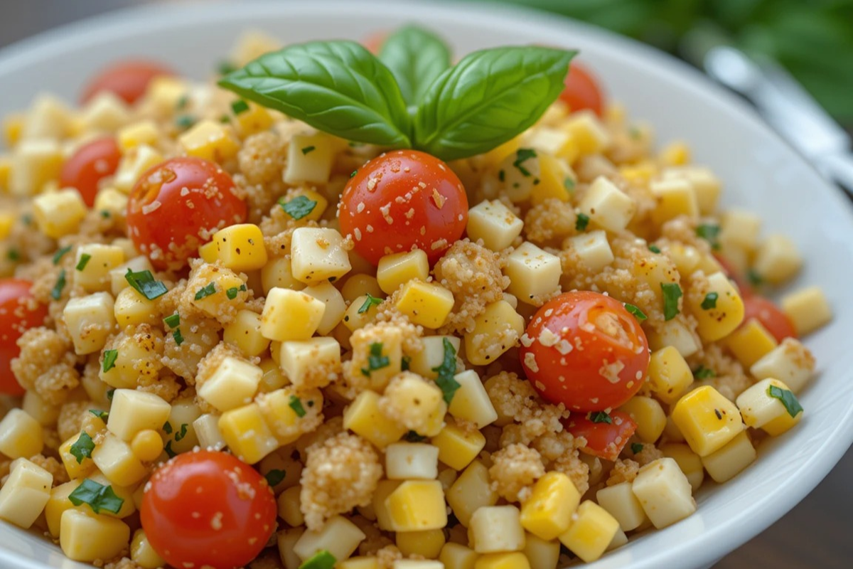 Bowl of 4 ingredient corn salad with tomatoes and basil