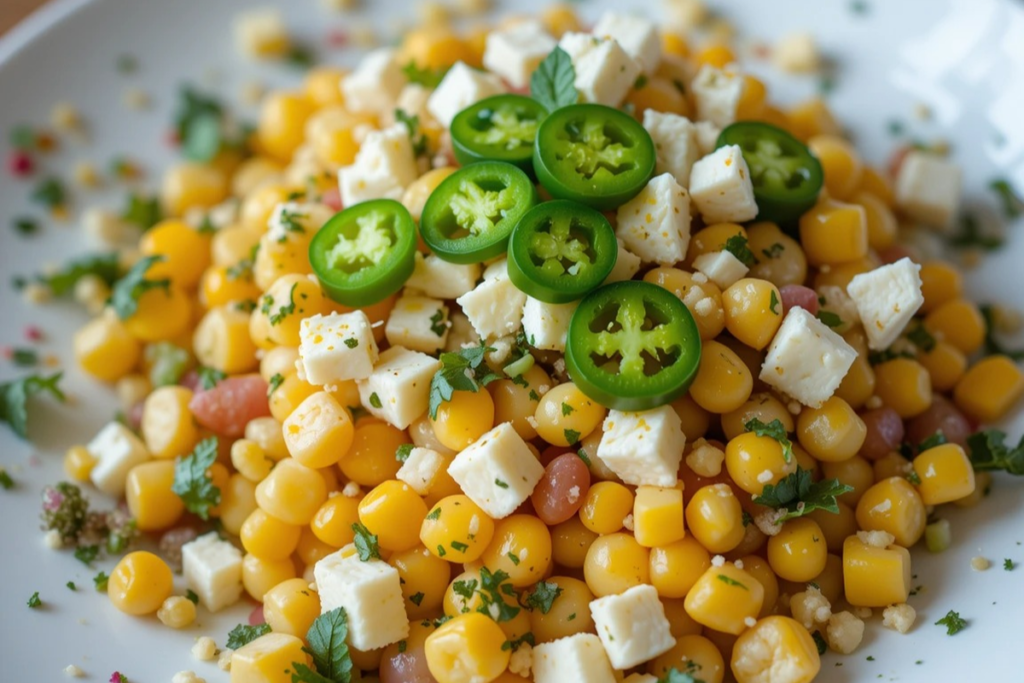 Corn salad garnished with feta cheese and jalapeños