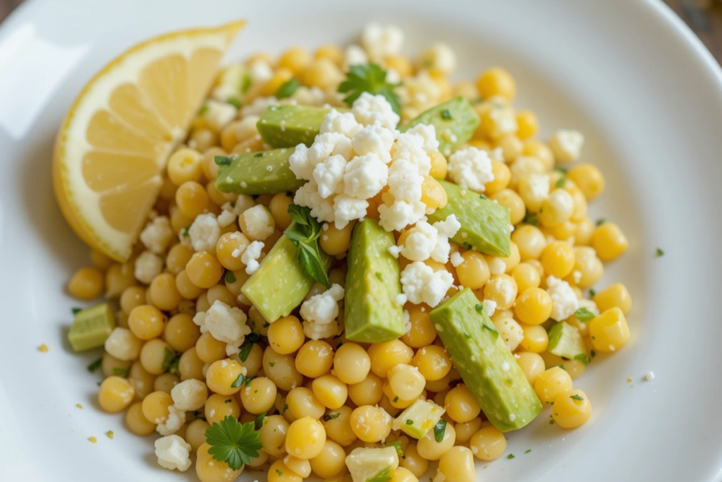 Corn salad with feta, avocado, and lemon garnish