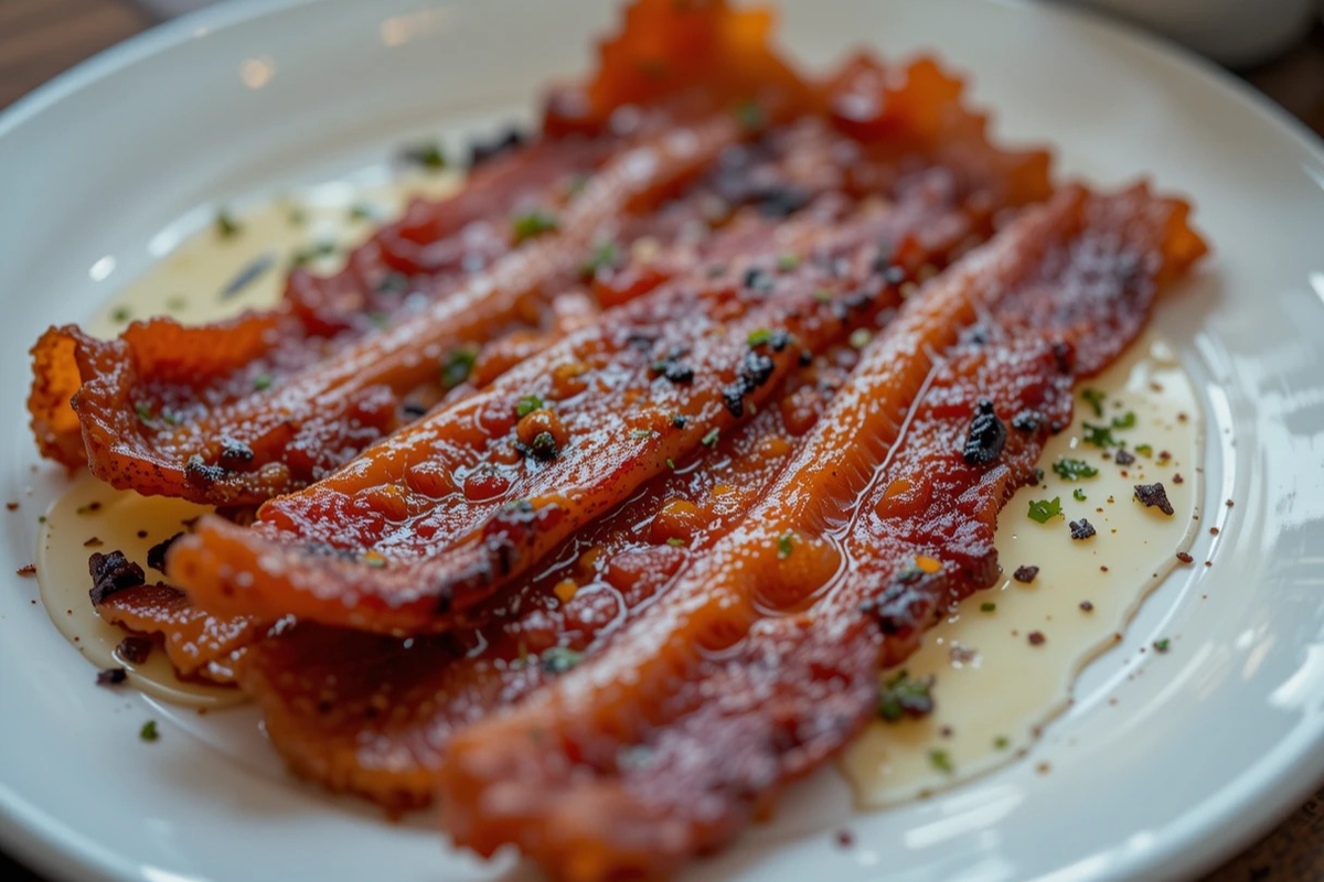 Cooked beef bacon with nutritional information on a breakfast plate