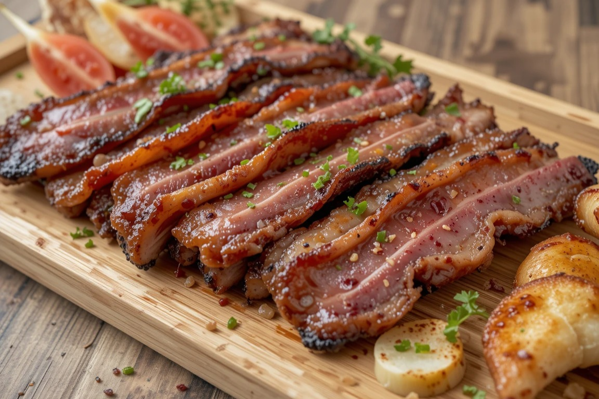 Crispy beef bacon slices on a wooden tray with garnishes