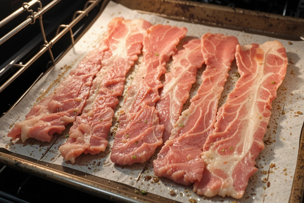 Raw beef bacon slices arranged on a rack for baking
