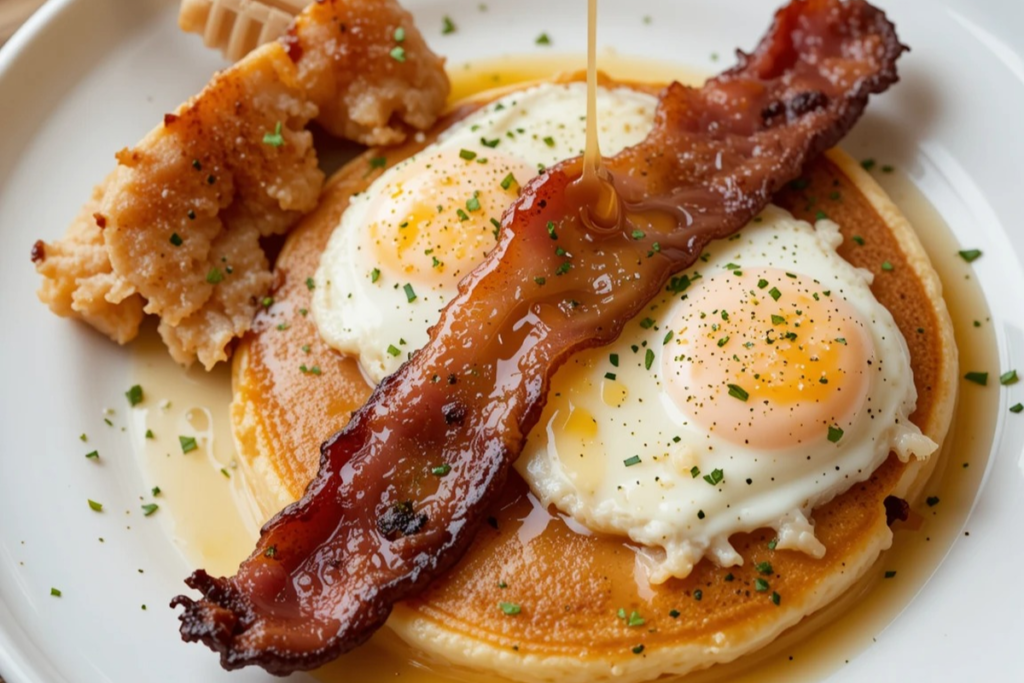 Beef bacon served with eggs, pancakes, and hot honey
