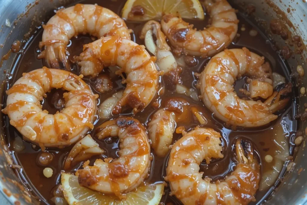 Shrimp marinating with BBQ sauce, garlic, and lemon