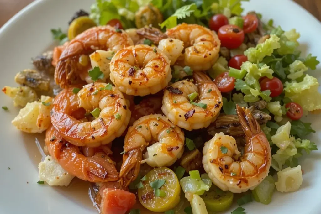 Grilled shrimp and vegetables with a fresh salad