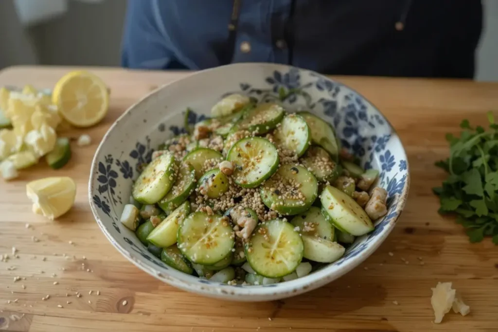 Preparing viral cucumber salad with soy and sesame dressing