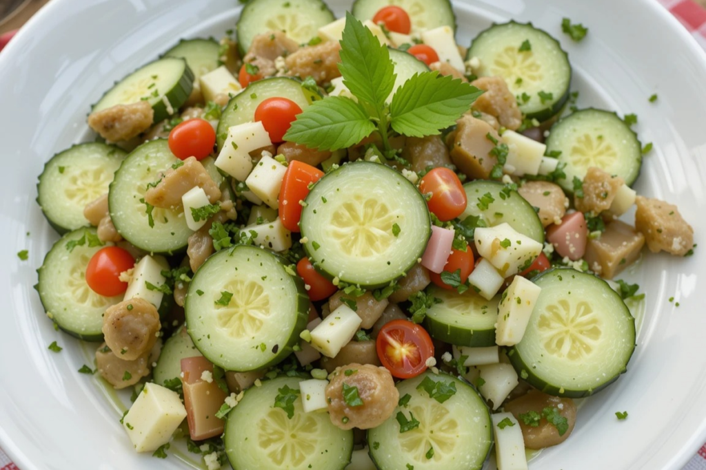 Cucumber salad served at a summer picnic