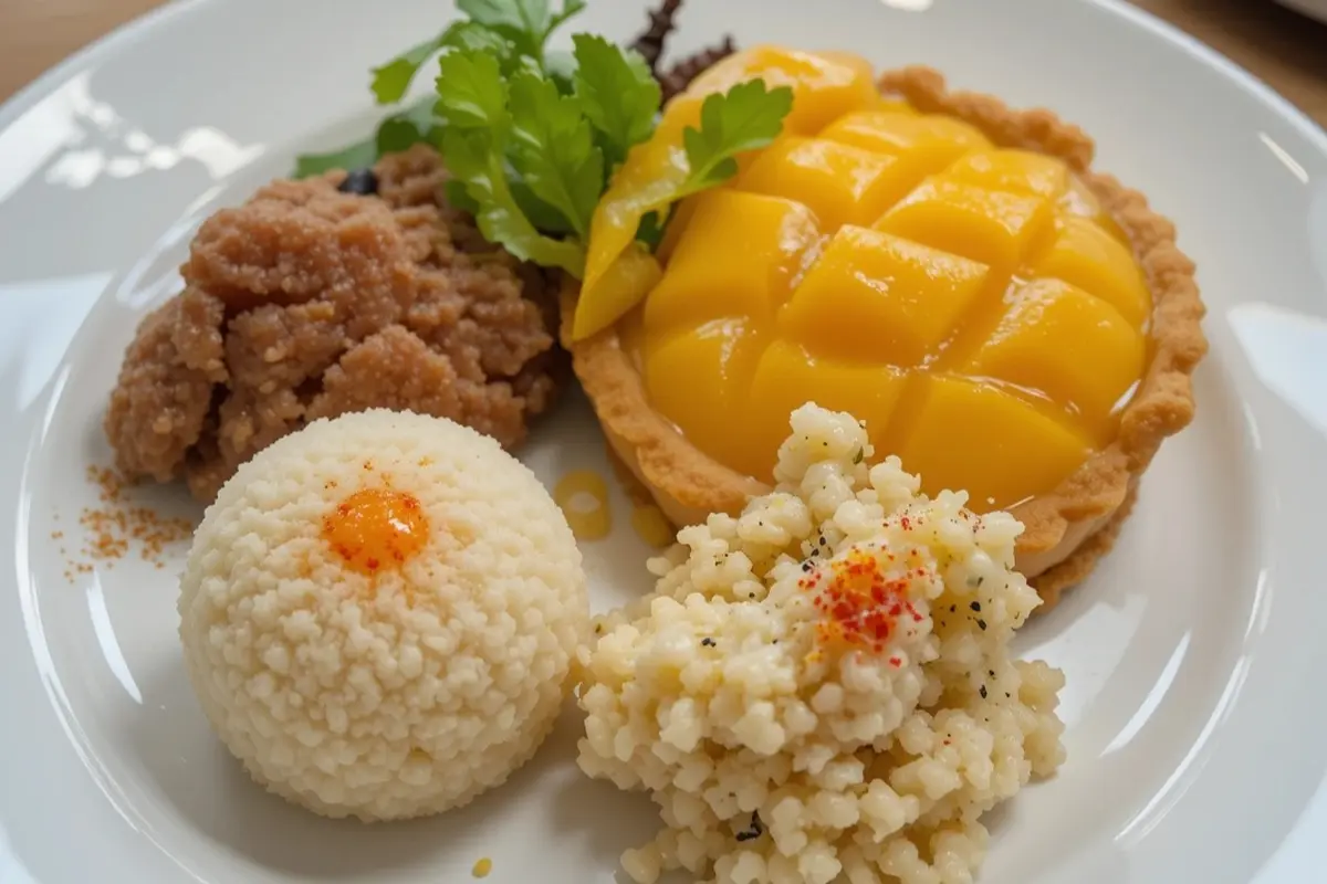 A plate with mochi, mango sticky rice, and an egg tart