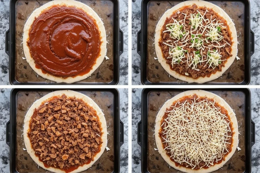 Step-by-step process of making birria pizza