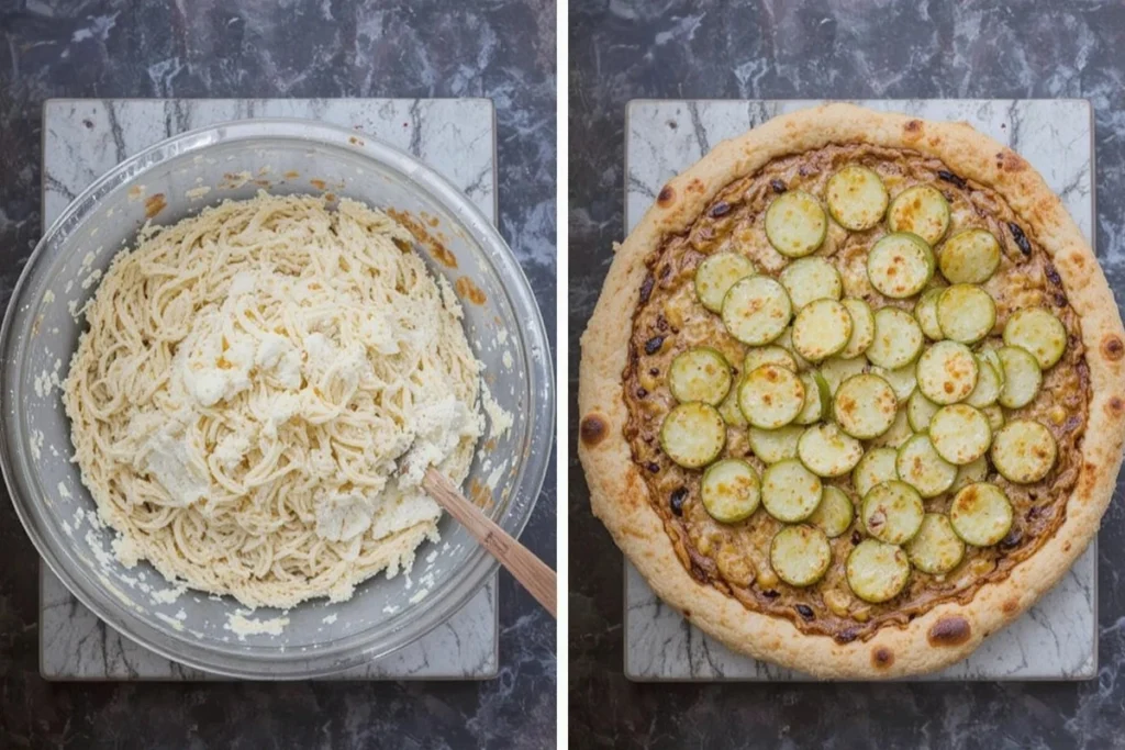 Preparing a homemade pickle pie pizza 