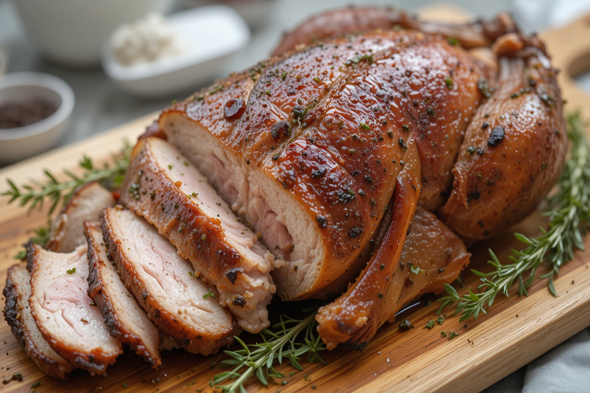 Whole smoked turkey breast on a serving board with herbs