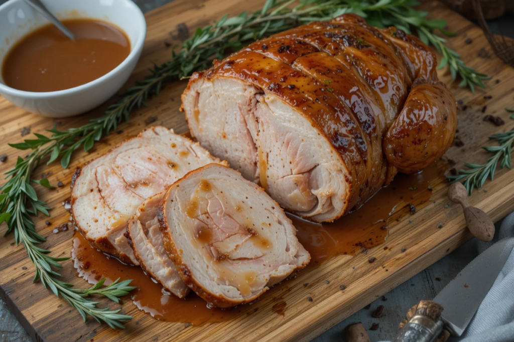 Sliced turkey breast on a carving board with gravy