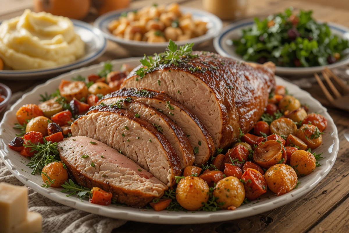 Smoked turkey breast with side dishes on a serving platter