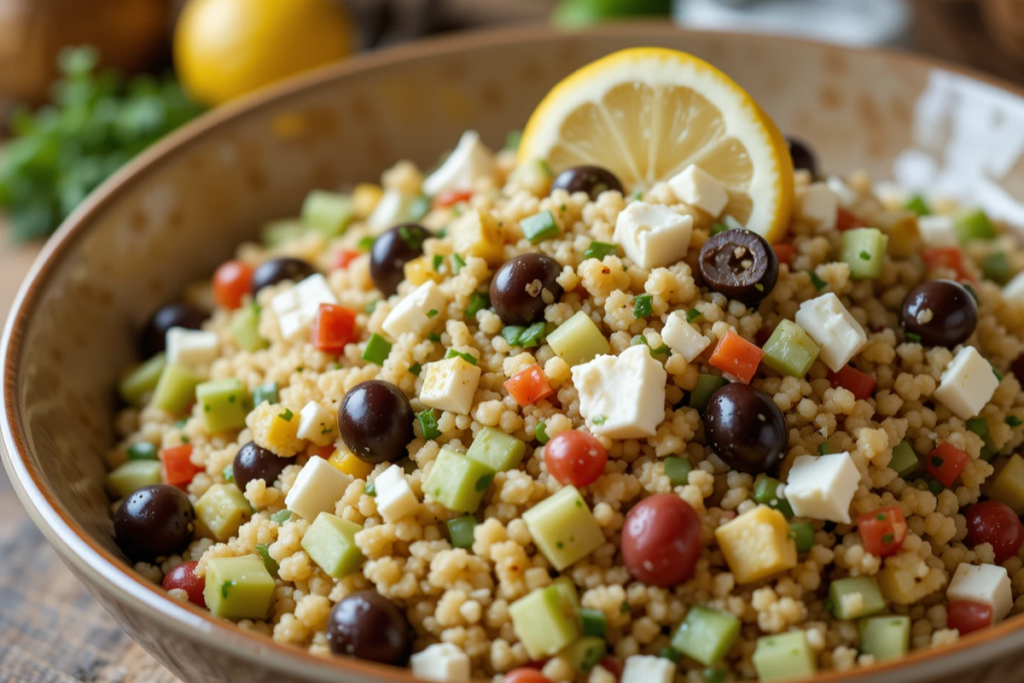 Couscous salad with feta, olives, and cucumbers