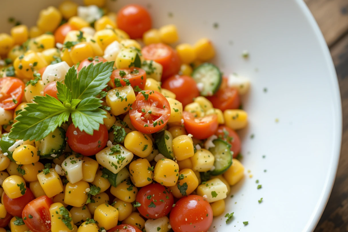 Fresh corn salad with tomatoes, cucumbers, and herbs