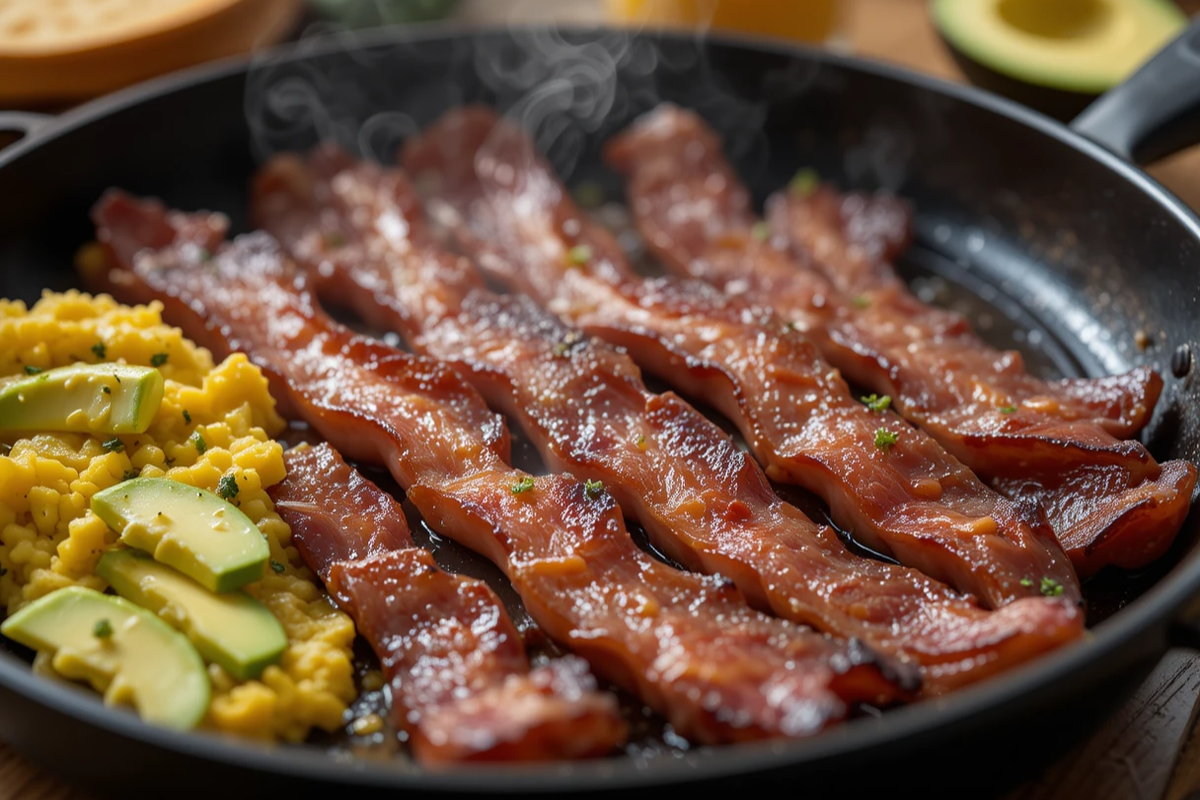 Crispy beef bacon strips served with scrambled eggs and avocado