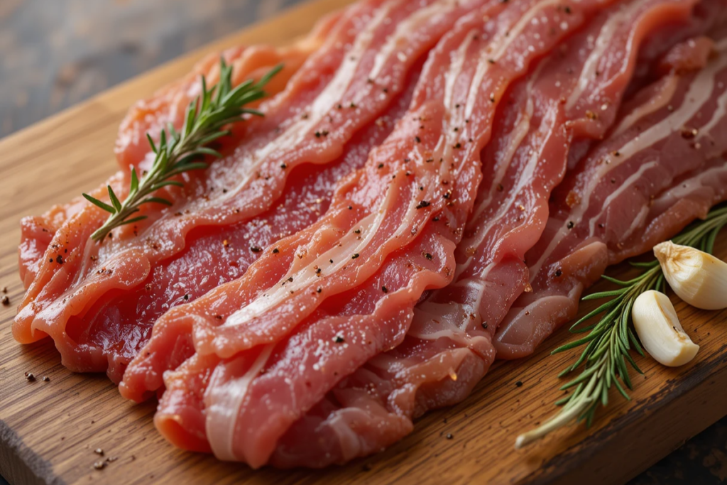 Raw beef bacon slices on a wooden board with rosemary