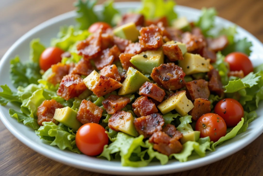 Beef bacon salad with fresh greens and avocado