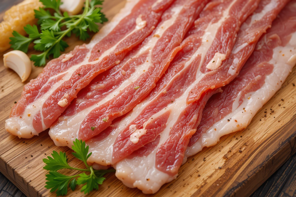 Raw beef bacon strips on a cutting board