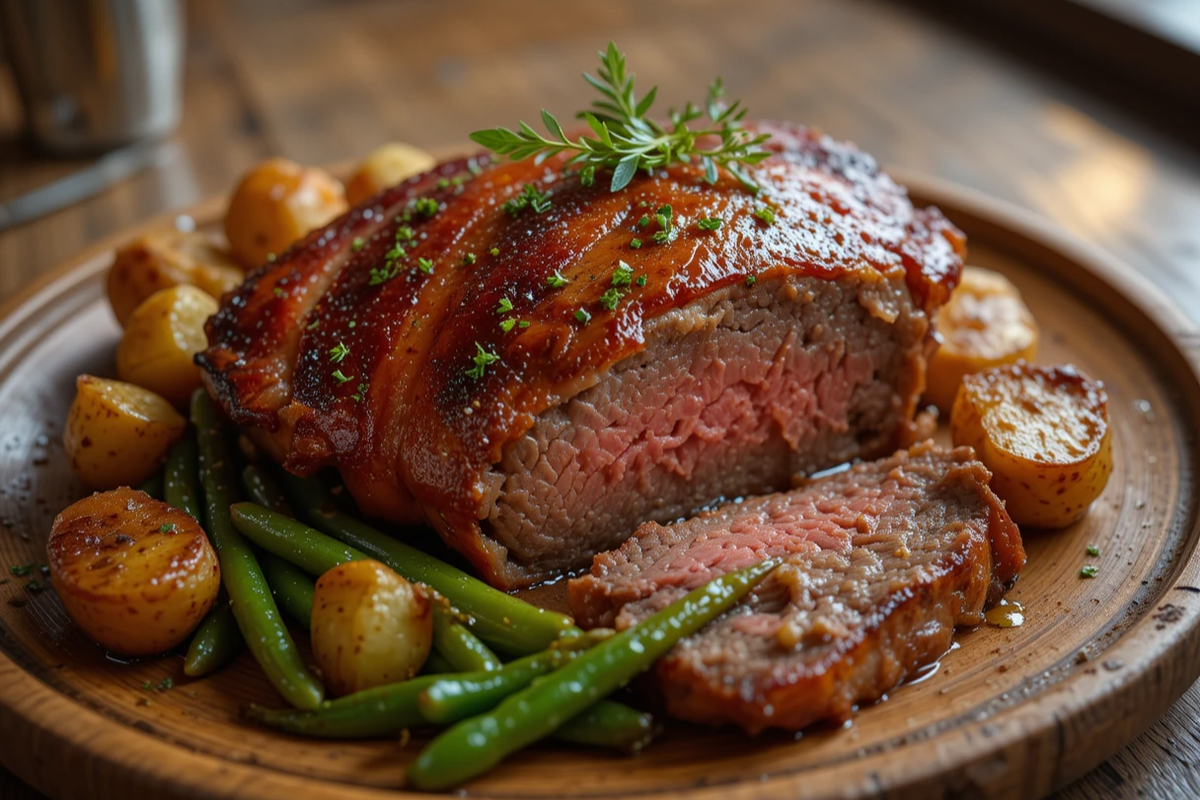 Beef chuck tender filet wrapped in bacon served with sides