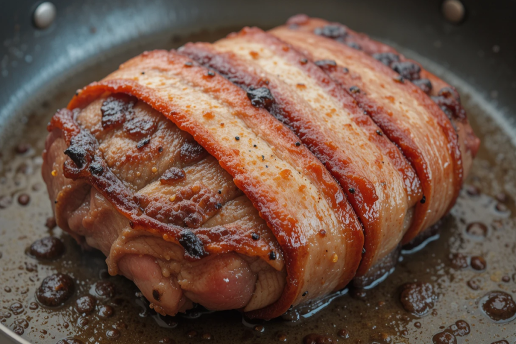 Bacon-wrapped beef chuck tender filet cooking in a skillet


