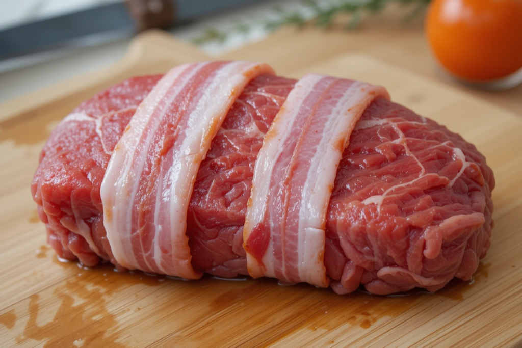 Raw beef chuck tender filet wrapped in bacon on a cutting board

