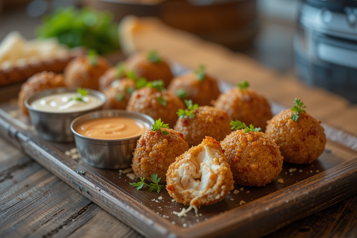 Featured platter of rotel cream cheese sausage balls with dipping sauces