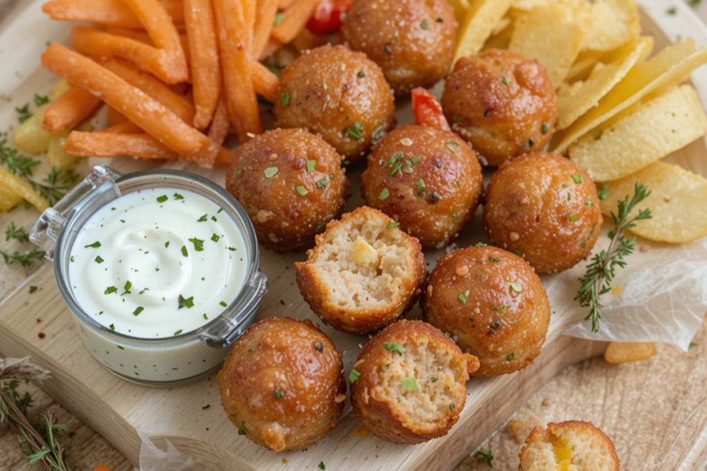 Party platter of rotel cream cheese sausage balls with ranch dip