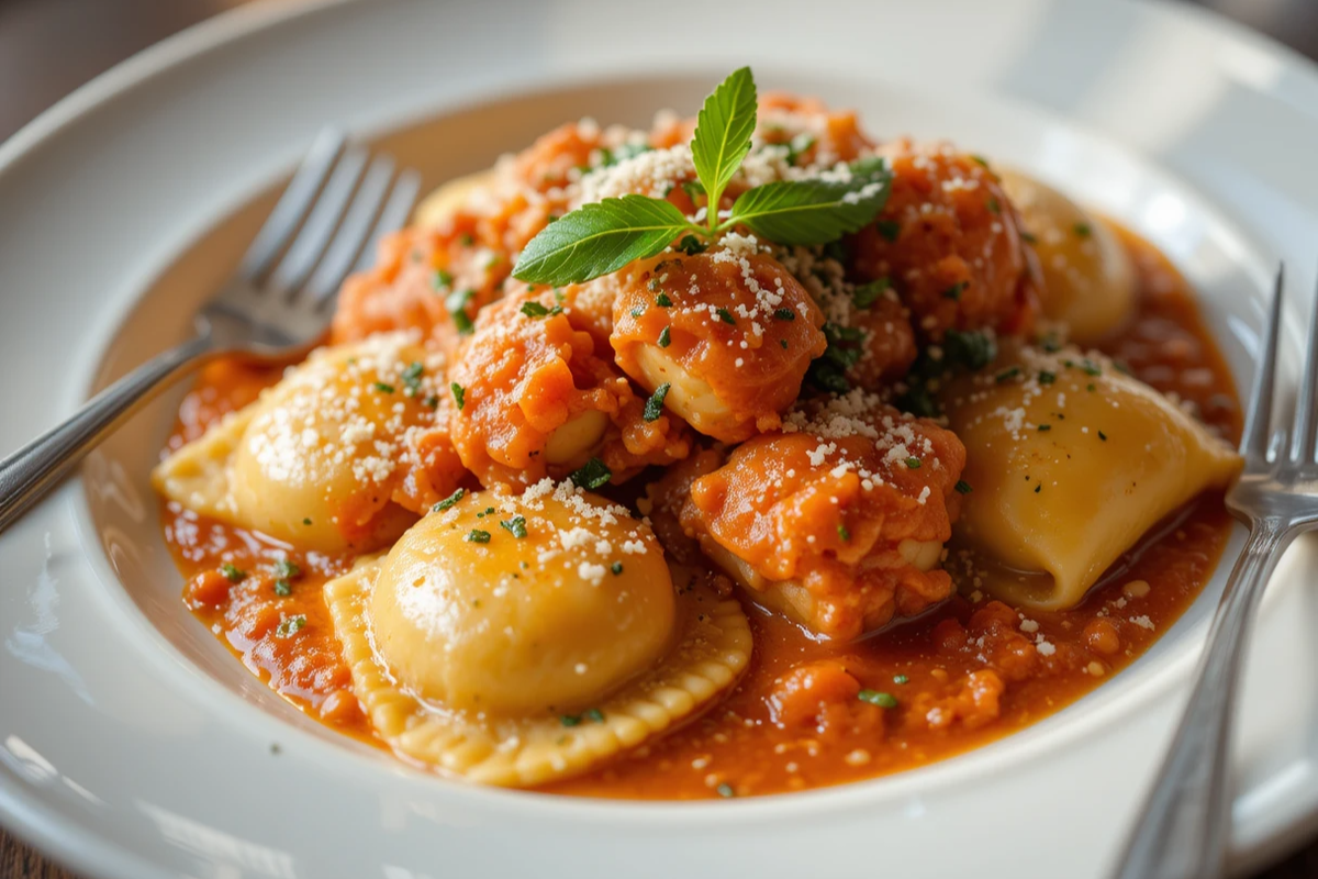 Plated lobster ravioli with tomato cream sauce