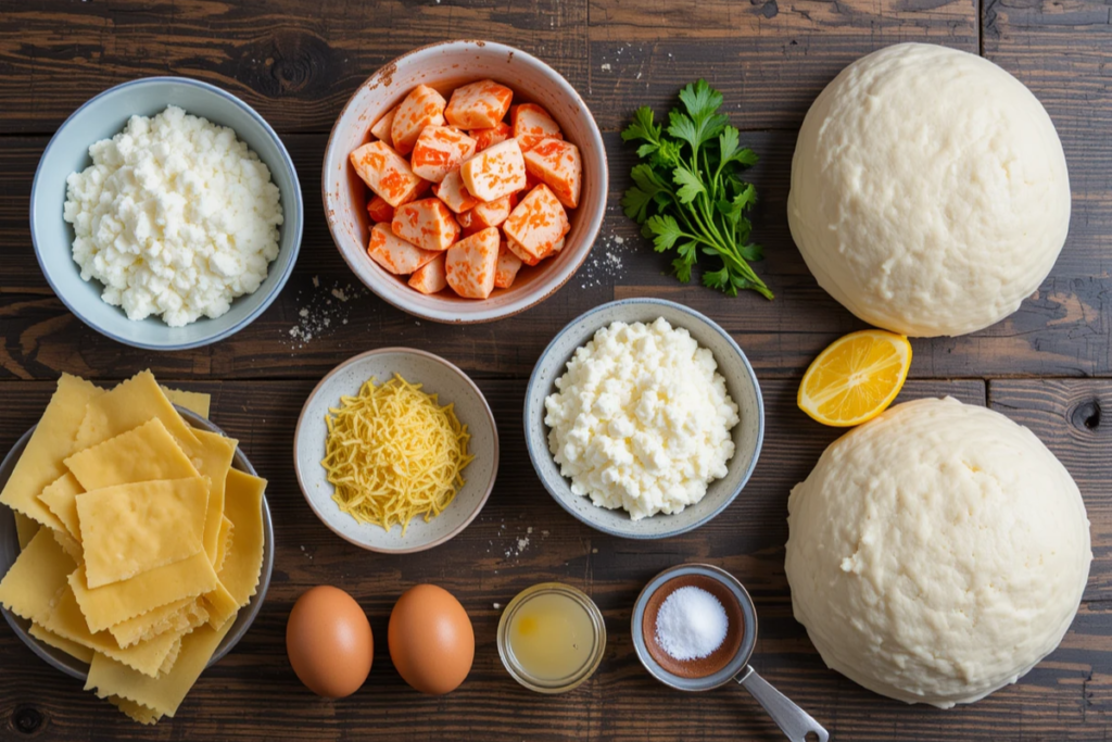 Ingredients for lobster ravioli on a rustic surface