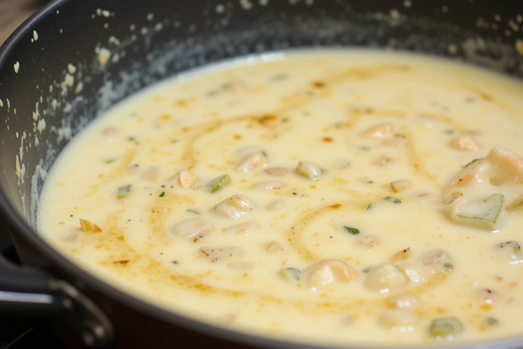 Lobster bisque cream sauce in a pan