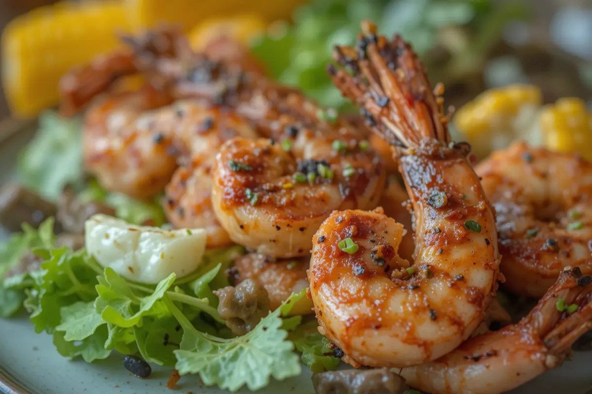 BBQ shrimp served with grilled corn and salad