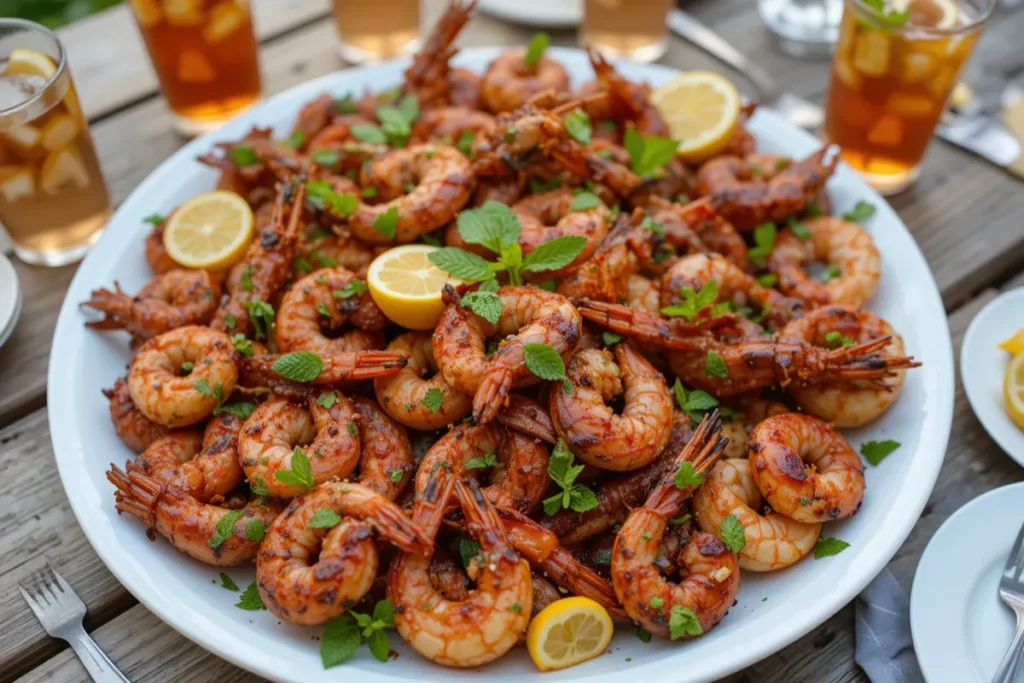 BBQ shrimp served with iced tea and garnishes